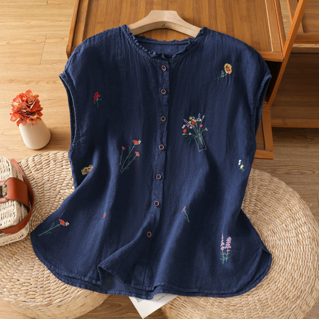文藝刺繡棉麻無袖襯衫女夏木耳領小衫休閒百搭背心