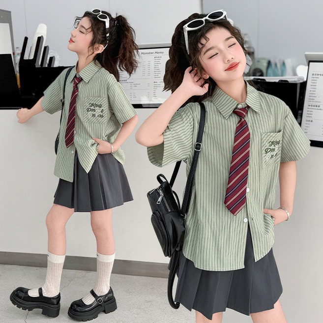 메이징키즈 주니어 여아 여름 스트라이프 셔츠 주름치마 상하복 스쿨룩 세트