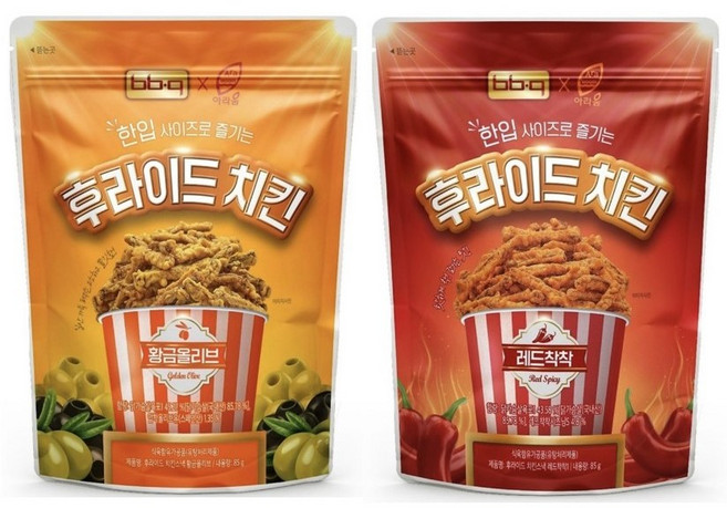 한입 사이즈로 즐기는 BBQ 후라이드 치킨스낵 2종 (황금올리브 85G + 레드착착 85G) 사탕증정