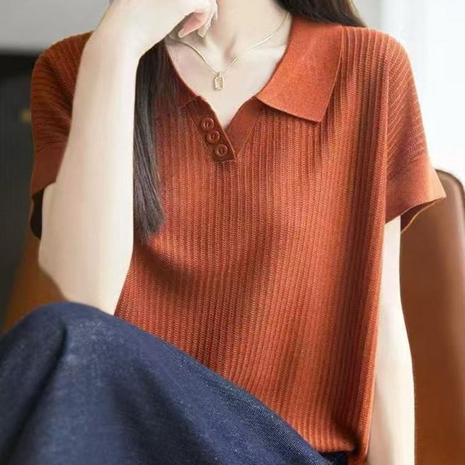 메인워크 중년 여성 폴로넥 반팔 티 여름 엄마룩 패션 니트티 시크 고급 캐주얼 슬림핏 기질 쿨링 냉장고 심플 상의