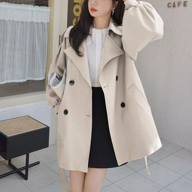 PEROLA 여성 봄 가을 숏 트렌치코트 더블버튼 벌룬 소매 루즈핏 캐쥬얼 데일리 코트