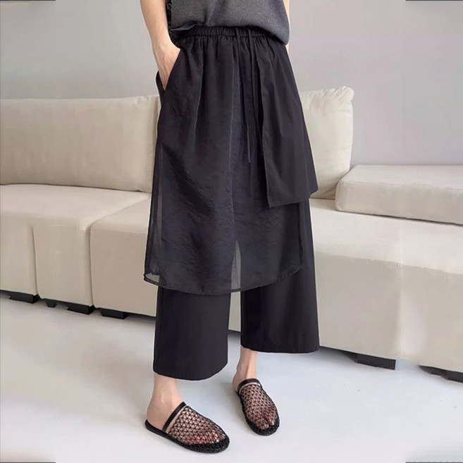 여름 나른한 언밸런스 날씬한 빅사이즈 캐주얼 루즈핏 편안한 밴딩 디자인감 여성용 와이드핏 9부 팬츠