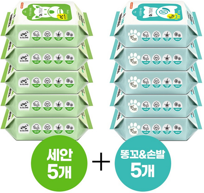 닥터티슈 세안+똥꼬/손발 혼합(3+3/5+5/10+10) 강아지물티슈 고양이물티슈 얼굴세정 엉덩이세정, 세안5개+똥꼬/손발5개