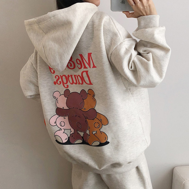 러브앤시티 *면/기모선택* 남녀공용 사계절 트리오베어 후드티셔츠 오버핏 빅사이즈