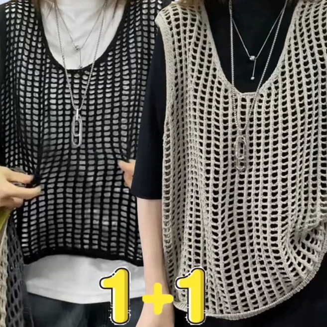 FANSYLI 1+1 니트 조끼 여성 봄여름가을 얇은 펀칭 조끼 2종 세트 빅사이즈 헐렁한 티셔츠 겹쳐 조끼 입기 X2504A23