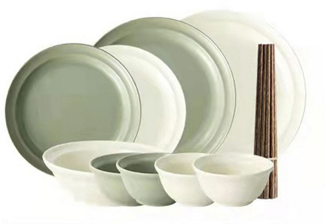 Hongjiu 가정용 북유럽 한식기세트, 공기 4개+대접+접시 2개+접시 2개+젓가락 4쌍, 그린 + 화이트, 1개
