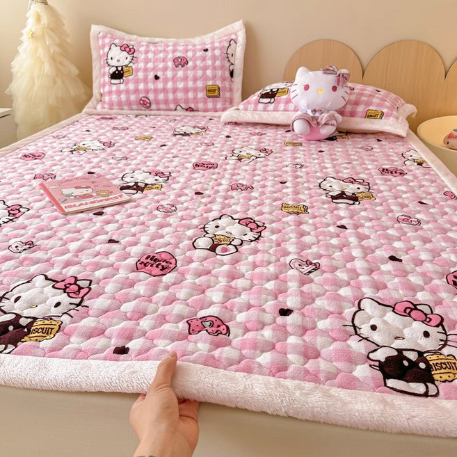 다나에 산리오 헬로키티 극세사 패드 누빔 두꺼운 요매트 요 세트 +Integrated International Trade Co. Ltd 머리핀, 체크 헬로키티