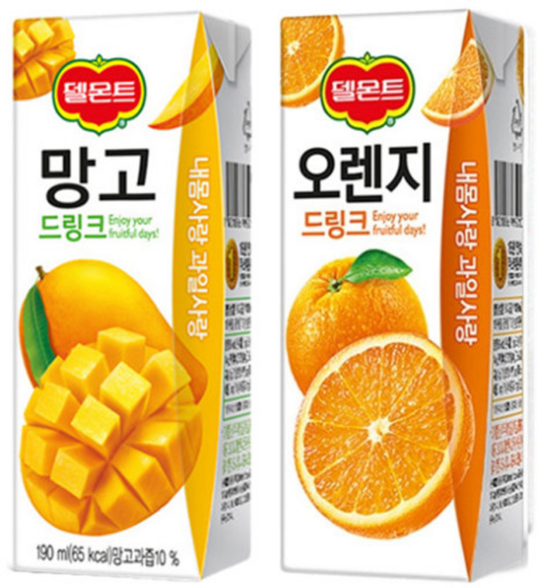 새콤달콤한 델몬트 오렌지 + 망고드링크팩 190ml 각24팩(총48팩)/과즙주스/주스/음료/과채음료, 델몬트 오렌지 + 망고드링크팩 190ml 각24팩(총4