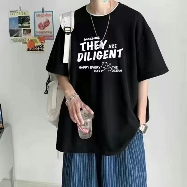 包郵 夏季男士短袖t恤潮流青少年半袖大碼男裝寬鬆五分袖男打底衫