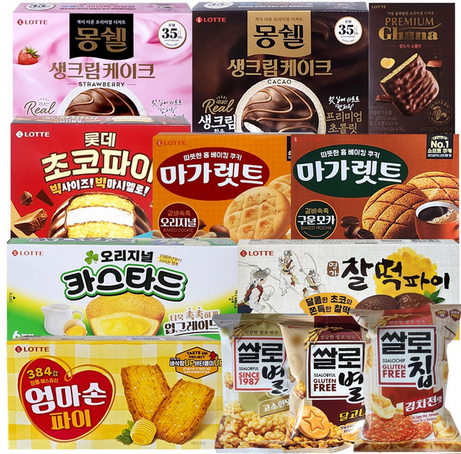 롯데과자 12종세트 몽쉘2(딸기+카카오) 초코파이 카스타드 찰떡파이 마가렛오리지널 마가렛구운모카 엄마손파이 랑드샤쇼콜라 쌀로칩김치전맛 쌀로별오리지널 쌀로별달고나, 1개