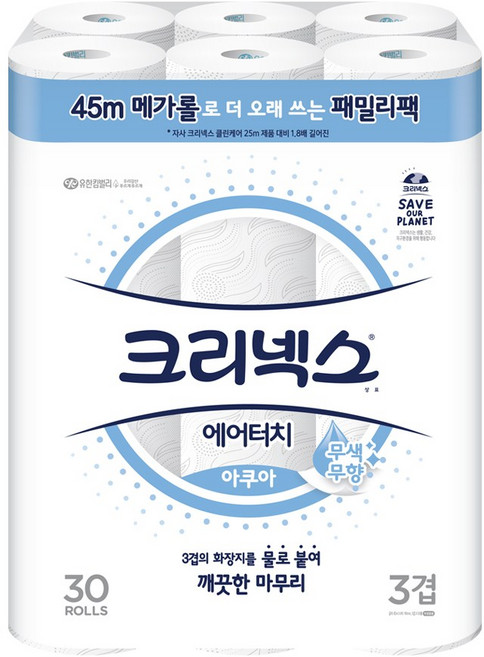 크리넥스 에어터치 아쿠아 패밀리팩 3겹 45M 30롤, 1개