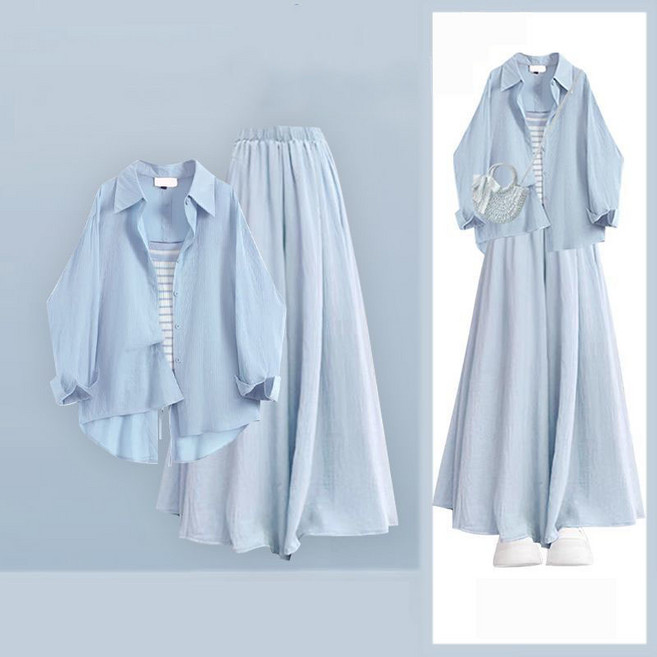 여성 빅사이즈 쓰리피스 여름 루즈핏 셔츠 가디건 나시 롱스커트 캐주얼 세트