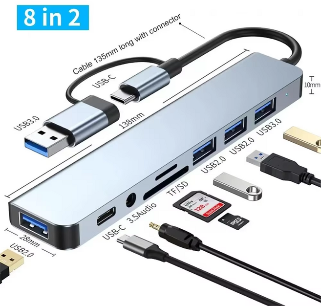 (KC 인증) USB C 8in2 멀티허브 도킹스테이션 USB3.0 SD TF 카드리더 갤럭시 맥북 노트북, 그레이, 1개