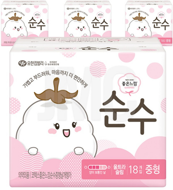 좋은느낌 순수 울트라 생리대 날개형, 중형, 18개입, 4개