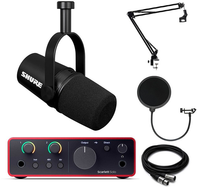 SHURE 슈어 MV7X 녹음 마이크 포커스라이트 스칼렛 솔로 4세대 오디오 인터페이스 관절스탠드 케이블, 단일수량