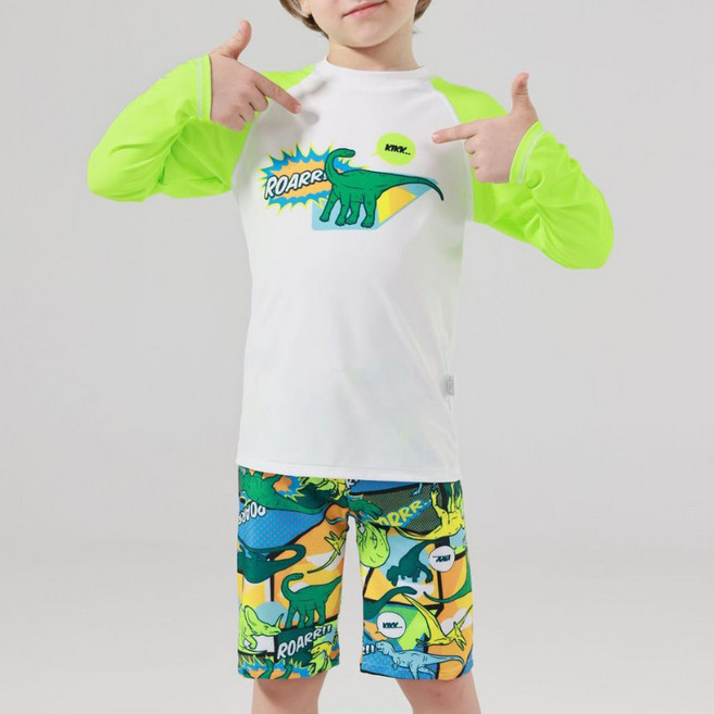 UPPERCUT 주니어 래쉬가드 3종세트 초등학생 바캉스의류 비치웨어 워터파크 계곡 물놀이 온천 공룡 수영복 수영모 세트
