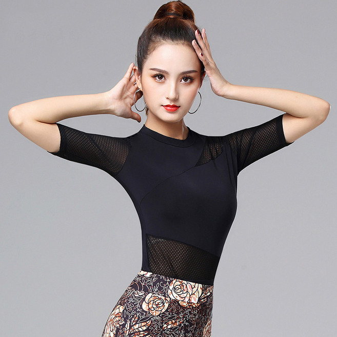 라틴댄스 댄스복상의 시스루 댄스연습복 라인댄스복 에어로빅복 모던댄스복, 블랙, S