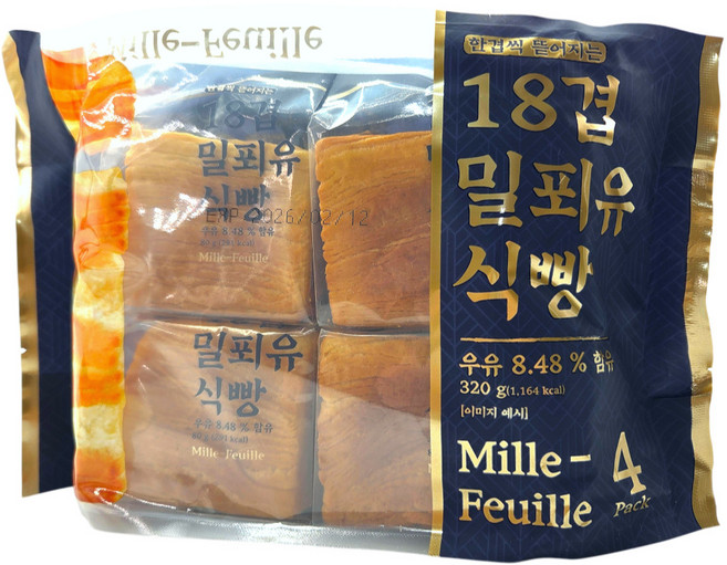 [좋은세상] 개별포장 18겹 밀푀유 식빵 320g (80gx4개입), 1개