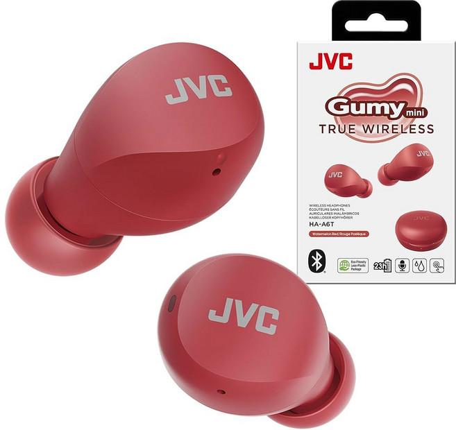 JVC 컴팩트하고 가벼운 Gumy 미니 트루 와이어리스 이어버드 헤드폰 긴 배터리 수명(최대 23시간) 네오디뮴 자석 드라이버가 있는 사운드 방수 (IPX4) - HAA6, 레드, 1개