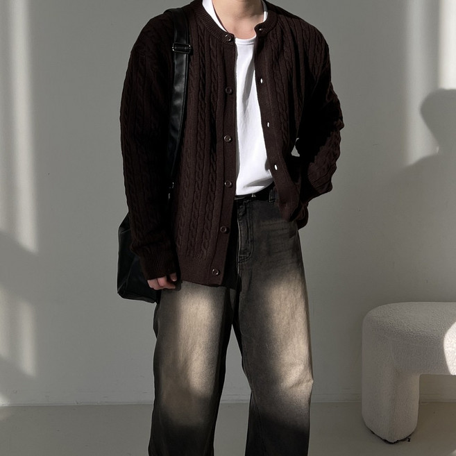 밸류젯 캐시라이크 헤비 케이블 라운드 꽈배기 남자 니트 가디건