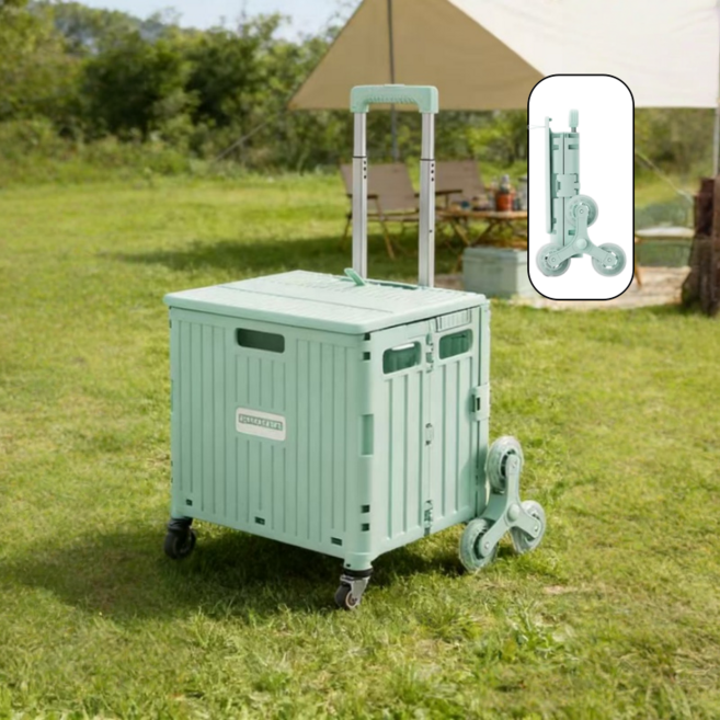 3바퀴 계단 폴딩 쇼핑카트 일체형 슬라이딩 뚜껑 무소음 바퀴 핸드카트 다용도 피크닉 카트, 1개, 민트