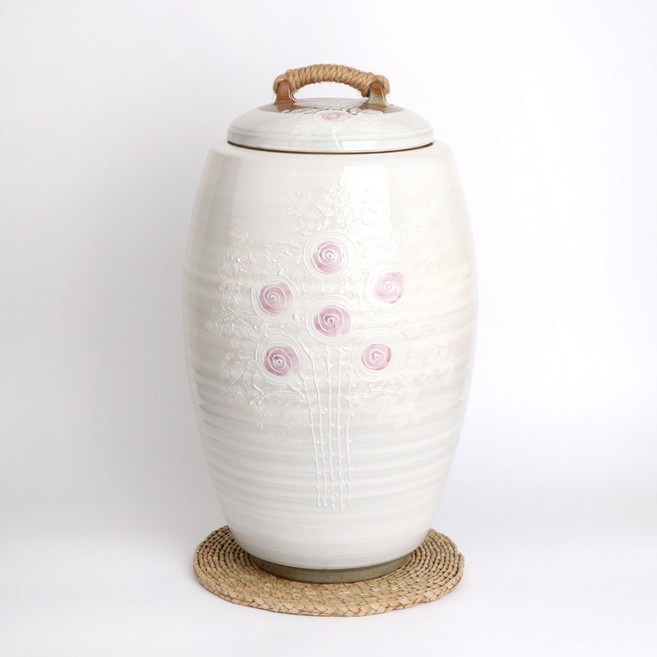 비채공방 장미 도자기 쌀독 20kg 화이트 쌀항아리 쌀보관함 쌀통 쌀바가지 무료 증정