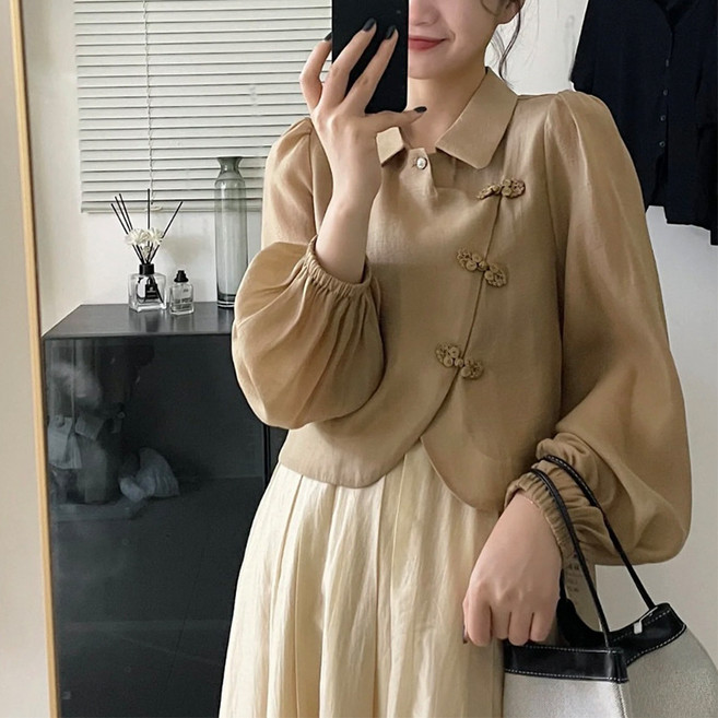 풍반 단추 실크 셔츠 여 유니크 블라우스 신중식 개량 치파오 텐셀 상의 모닝