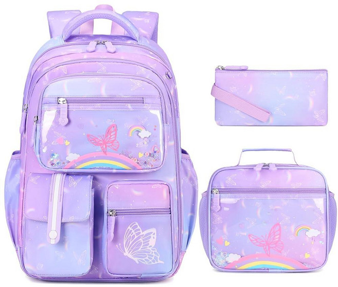 ACESAK 여아용 용 학교 백팩 도시락 상자 및 연필 파우치가 있는 책가방 백팩 세트 여아 청소년 초등학교 중학생용 학교용 (퍼플) 158109