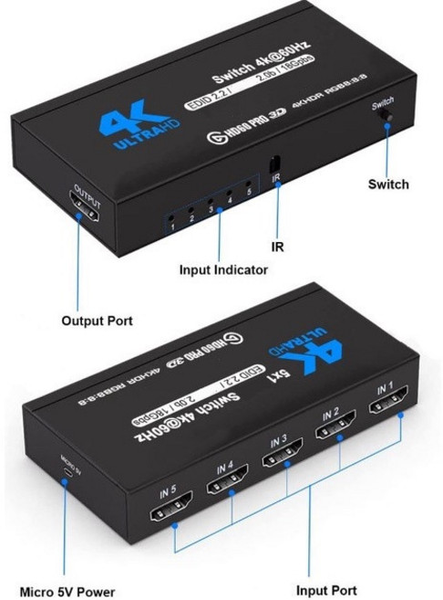 SOWTECH HDMI切換器 4K 60Hz 五進一出 影音訊號分配器, 1個, 高階五進一出無音頻分離, 高階五進一出無音頻分離