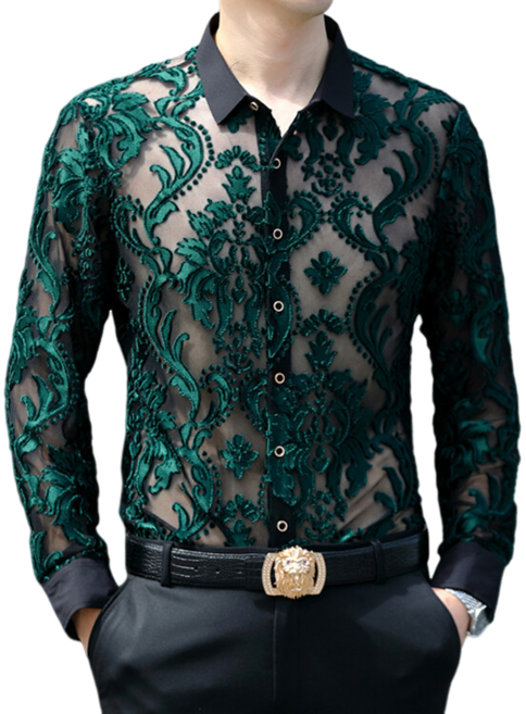 남자 댄스복 벨벳 긴팔 셔츠 용무늬 자카르 캐주얼 셔츠