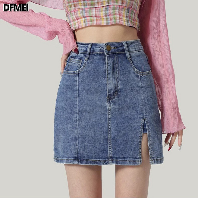 DFMEI 夏季高腰a字顯瘦性感開叉半身裙包臀牛仔短裙褲裙女裙子
