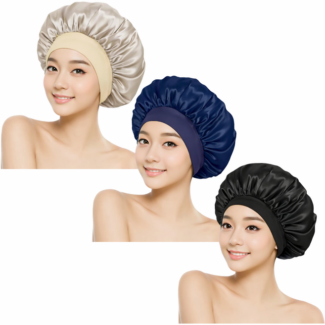 실크 헤어캡 수면 모자 헤어밴드 새틴 보닛, 3개, 블랙+네이비+베이지