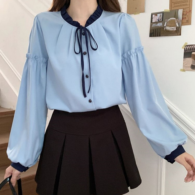 Makone 여성 라운드넥 네크라인 트리밍 플리 소매 패치 무지 트랜드 심플 데일리 벌룬소매 큐티 블라우스 리본