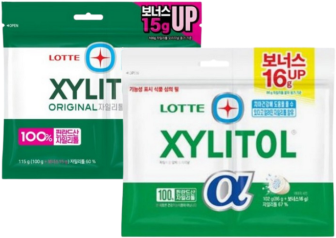 롯데 자일리톨 껌 오리지날 115g 1개 알파 오리지날 102g 1개 리필 (총2개), 217g