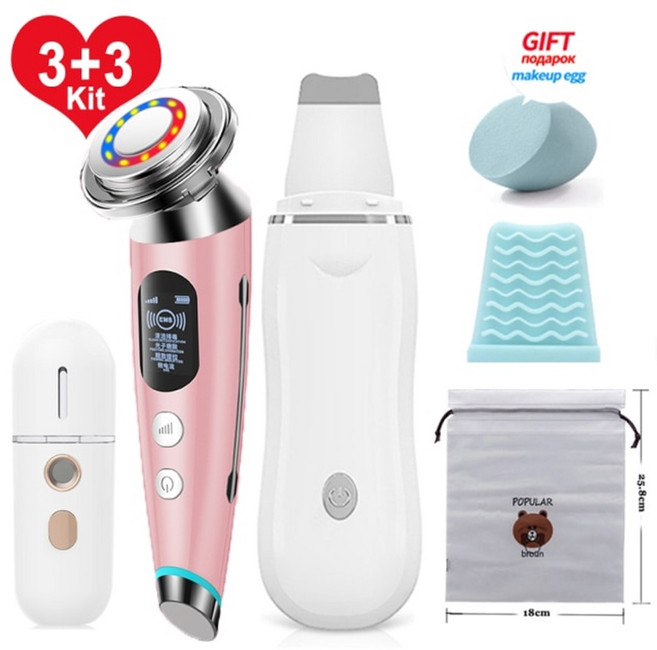 가정용 고주파 마사지기 바디 얼굴 각질 제거기 피부 탄력 리프팅 초음파 스킨 스크러버 페이스 마사지 블랙 헤드 리무버 3+3 키트 페이스 클리너 모공 클리너 딥 페이스 케어, 스타일 8