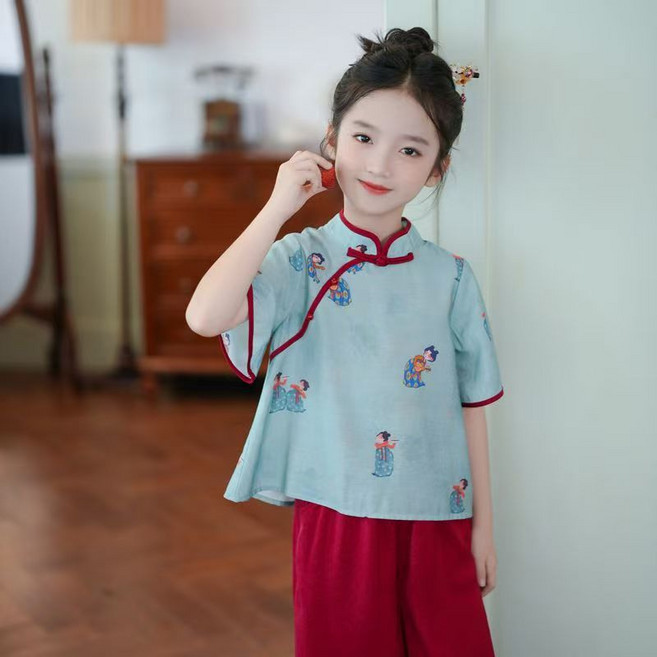 DFMEI 女童漢服套裝夏季新款國風新中式兒童裝唐裝表演服古裝兩件套