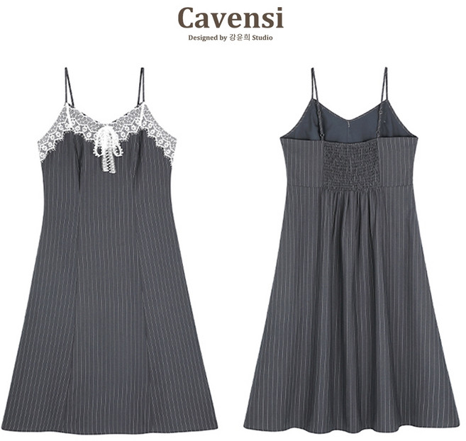 Cavensi 蕾絲條紋細肩帶洋裝
