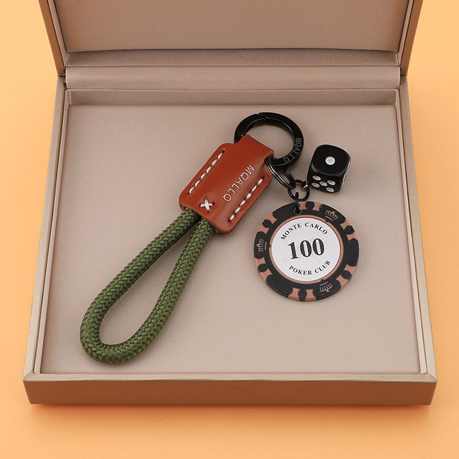 럭키 칩 행운을 위한 엮은 자동차 열쇠고리 장식 체인 다중 링 책가방 장식 커플 고급스러움 남녀, 녹색 벨벳 로프 + 100 칩 주사위