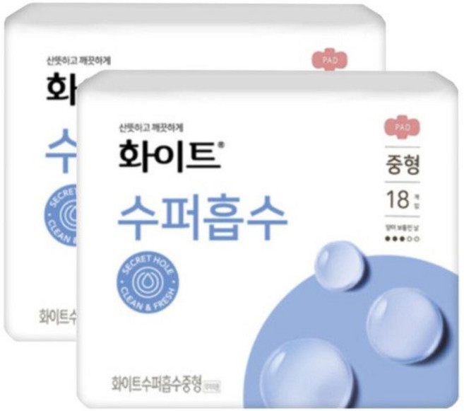 생리대 중형 18매 X 2팩 날개형 수퍼흡수 화이트, 2개, 18매입