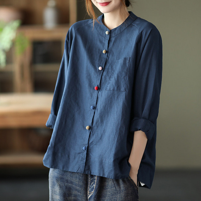 Makone 여성 봄 가을 헨리넥 라글란 소매 단추 포인트 심플 린넨 셔츠 블라우스