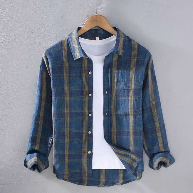 남자 면 마 긴팔 셔츠 봄여름 고급감 통기 체크 린넨 남방 캐주얼 기질 상의 WMY