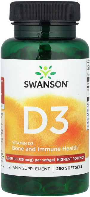 Swanson 비타민D3 초고함량 125mcg (5 000IU) 소프트젤 250정 Swanson (스완슨), Swanson, 비타민D3, 하이스트 효능, 125mc, 1개