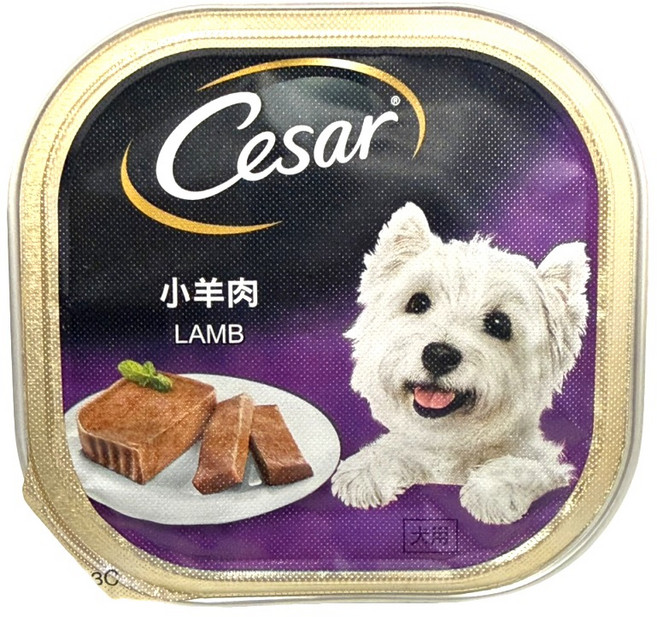 Cesar 西莎 小羊肉 狗罐頭, 100g, 24個, 肉類及其副產品(雞肉,羊),水,黏稠劑(樹膠,決明子膠,鹿角菜膠,三聚磷酸鈉),礦物質,維生素,香料. 乙烯二胺四胺二鈉鈣,亞硝酸鈉,水. 豬肉. 羊肉.