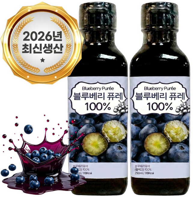 100% 블루베리 퓨레 블루베리즙 주스 퓨레 고함량 안토시아닌 C3G, 2개, 250ml