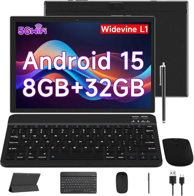10인치 안드로이드 15 태블릿 키보드/마우스/케이스/스타일러스가 있는 2 in 1 태블릿 8GB RAM+32GB ROM/1TB 확장 1.8Ghz 쿼드 코어 프로세서 1, Black