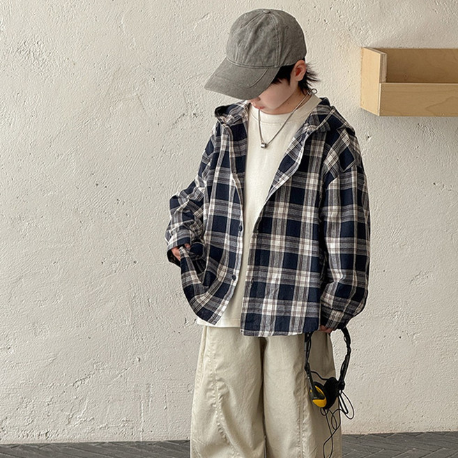 UPPERCUT 아동 후드 체크 긴팔 자켓 초등학생 셔츠 남방 주니어 바람막이 키즈 간절기 점퍼 남녀공용