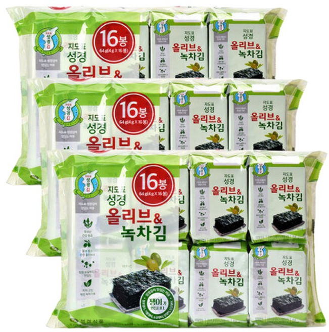 지도표 성경김 올리브 녹차김 4g 16봉 x 3개