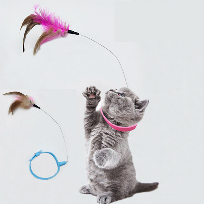 치프몰 고양이 셀프 목줄 장난감 깃털 낚시대, 1세트, 핑크+블루