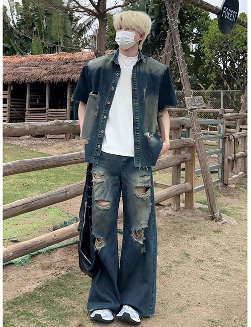 남성 반팔 데님 자켓 캐주얼 봄 여름 남자 청자켓 루즈핏 데일리 폴로넥 남방 상의 아우터 lPC