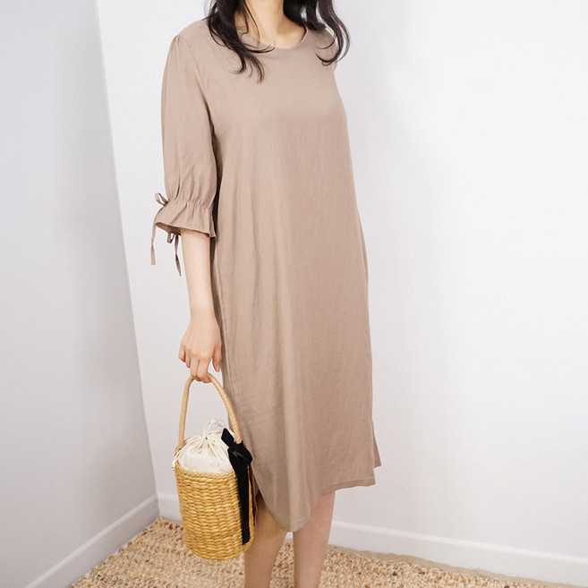 빅걸스토리 5부 셔링 리본 소매 옆트임 여름 원피스